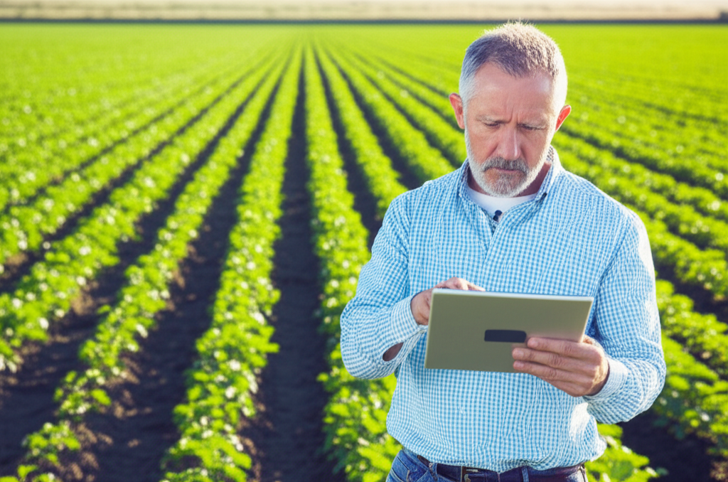 Farmer using iPad in field for agricultural technology